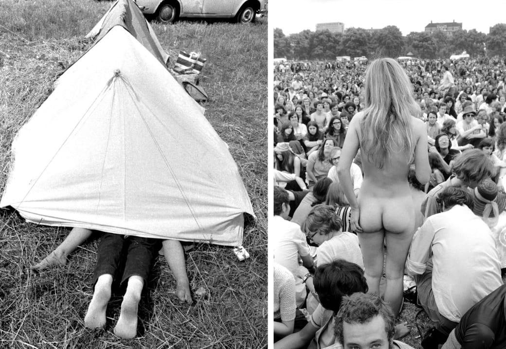 Left: A young couple are caught making love inside their tent at the Isle of Wight Festival in 1969. Right: A nude woman stands before a crowd at a concert in Hyde Park in 1970.