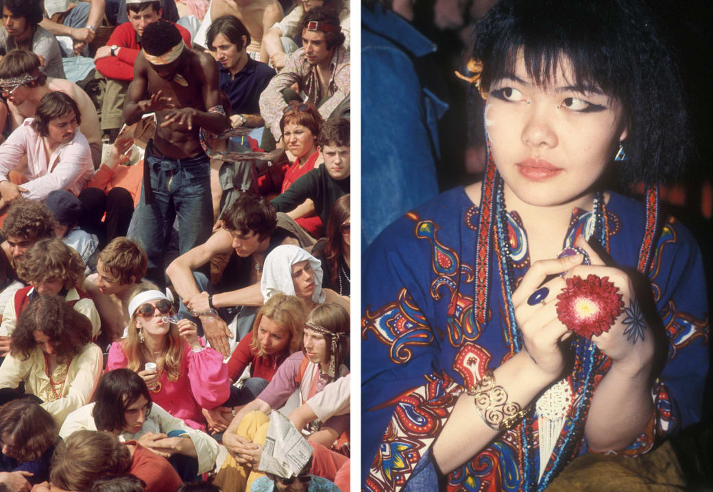 Left: Fans wait for the Rolling Stones to perform in London's Hyde Park during July 1969. Right: A young woman wearing fresh flowers, body paint, and vivid colors.