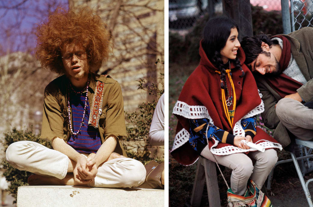 Left: A young hippie sits cross-legged in a New York City park in 1969. Right: A couple waits for the start of the Monterey Pop Festival in California in 1967.