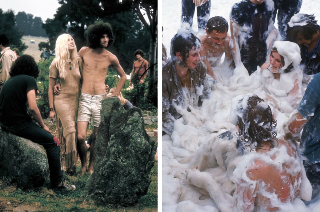 Left: A couple pose together during the Woodstock Music and Arts Fair in 1969. Right: A group of people frolic in a pile of foam at the Isle of Wight Festival.