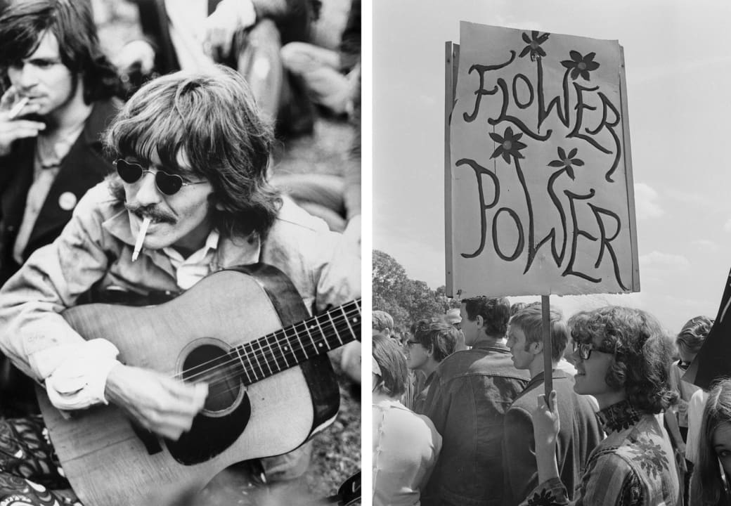 Left: George Harrison strums a borrowed guitar among a crowd of local hippies strolling through San Francisco's Golden Gate Park in 1967. Right: Demonstrators march in support for the legalization of drugs in London's Hyde Park in 1967.