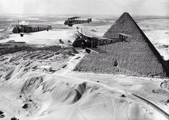 Vickers Valentias bomber transporters flying past the Great Pyramid of Khufu at Giza in 1936. The pyramid's original entrance can be clearly seen. Photo Charles Brown Getty Images