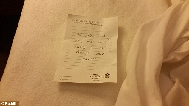 The note that greeted one Reddit user staying at a Courtyard Marriott hotel. (Image: Reddit)