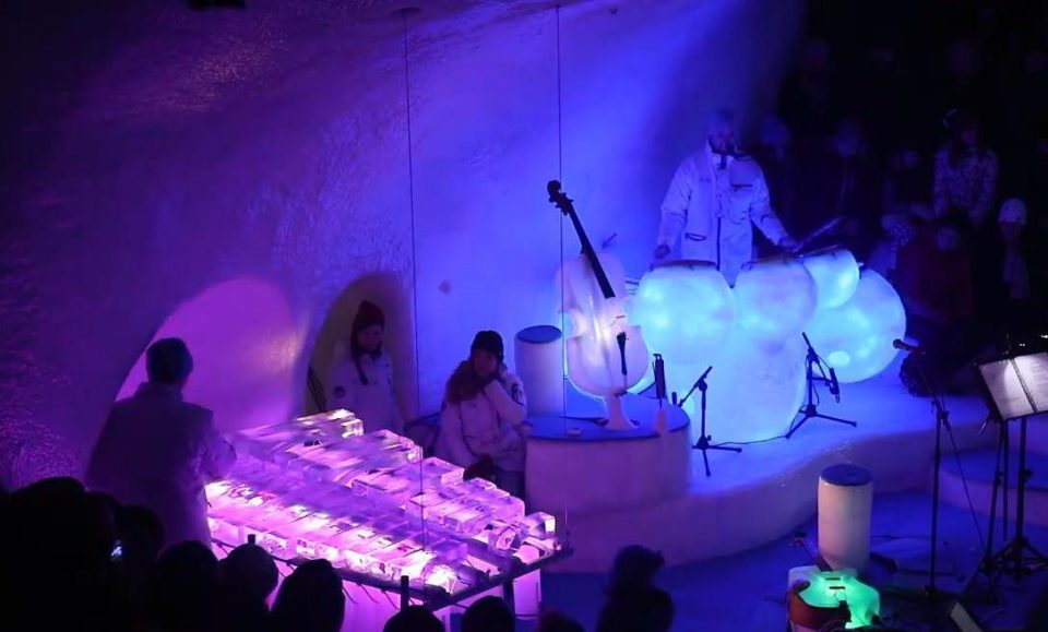 The magical ice cave glows in all the colours of the rainbow and hold concerts for people 