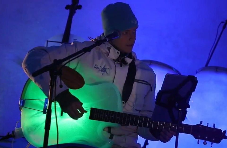 Tim has filled the hall with fully functioning musical instruments made from ice 