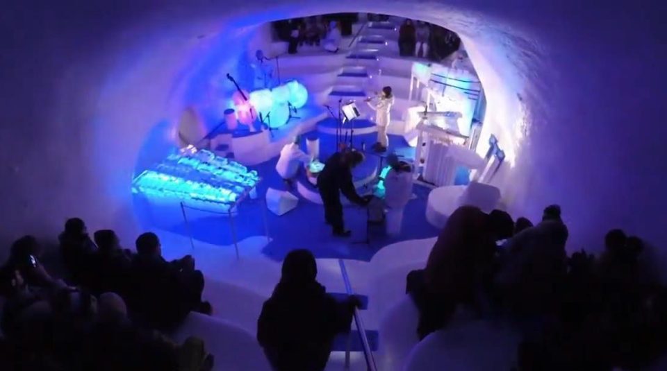 Incredible footage shows the inside of a concert hall in Swedish Lapland carved entirely out of ice 