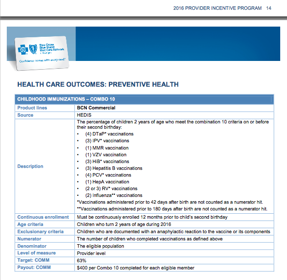 BCBS incentives for vaccinating babies